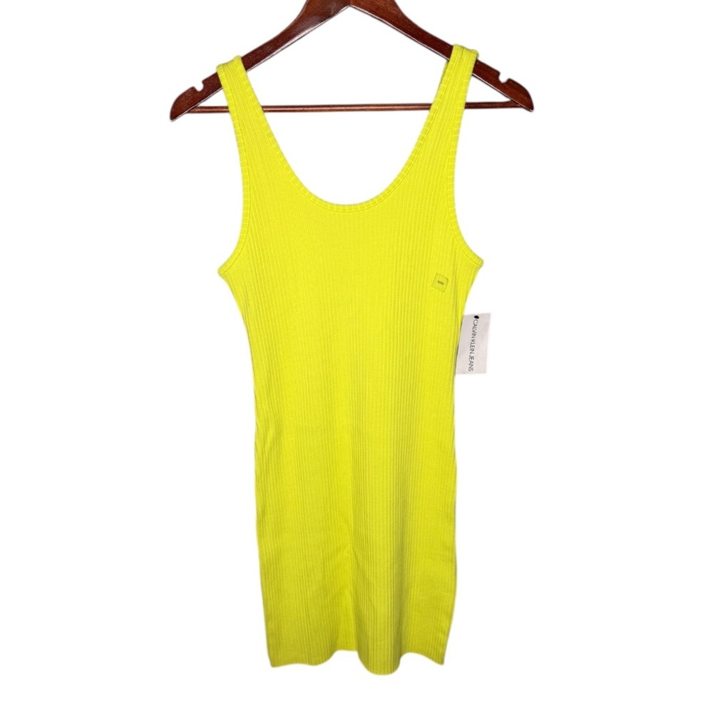 NWT Calvin Klein Jeans Highlighter Yellow Ribbed Tank Dress - Picture 2 of 12